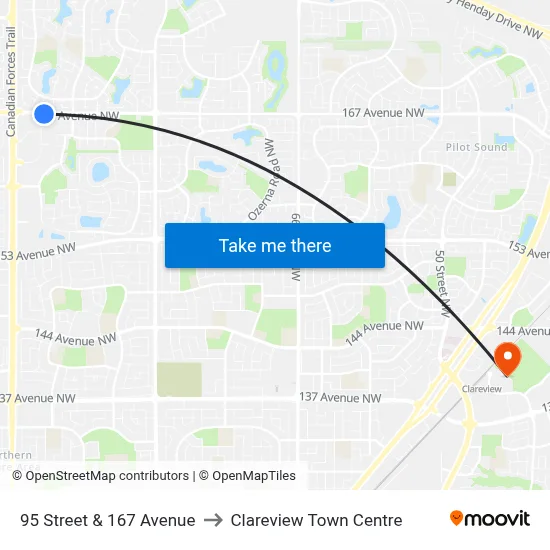 95 Street & 167 Avenue to Clareview Town Centre map