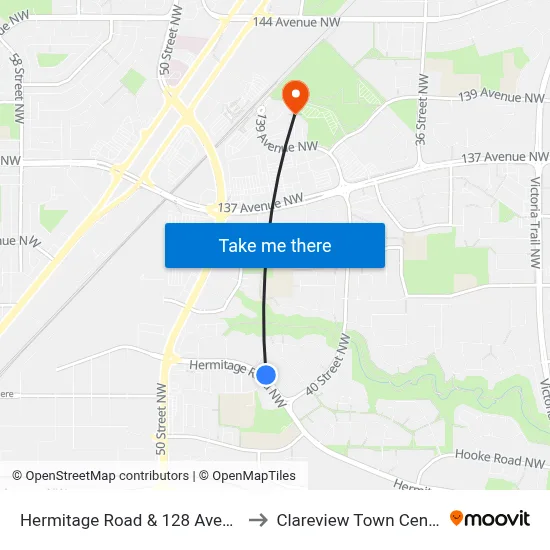Hermitage Road & 128 Avenue to Clareview Town Centre map