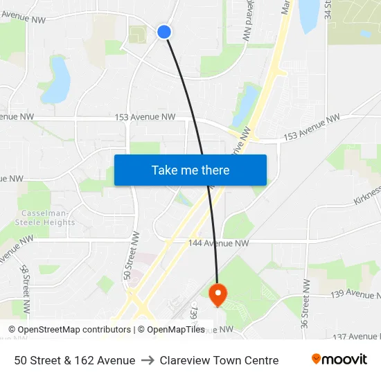 50 Street & 162 Avenue to Clareview Town Centre map