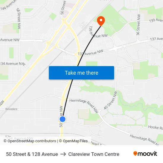 50 Street & 128 Avenue to Clareview Town Centre map