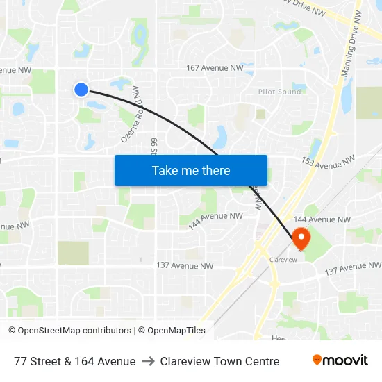 77 Street & 164 Avenue to Clareview Town Centre map