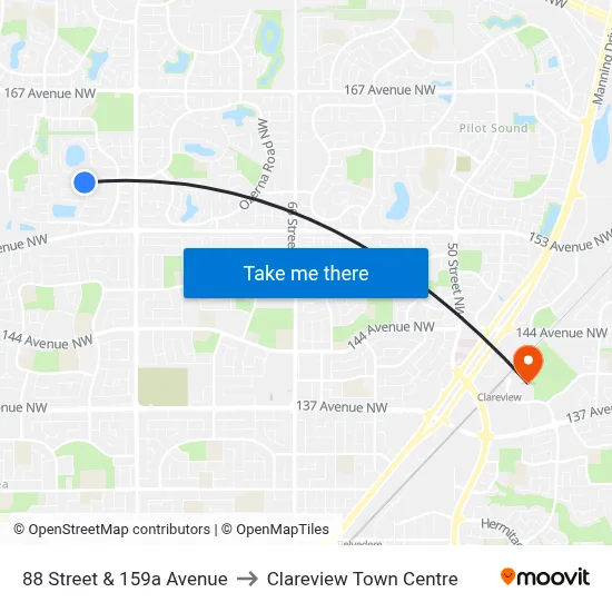 88 Street & 159a Avenue to Clareview Town Centre map