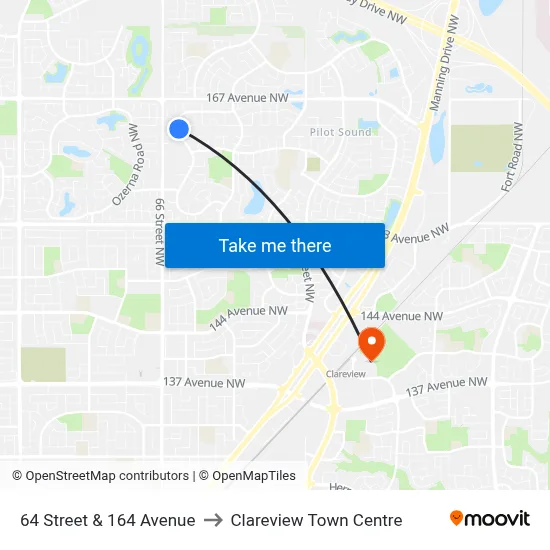 64 Street & 164 Avenue to Clareview Town Centre map