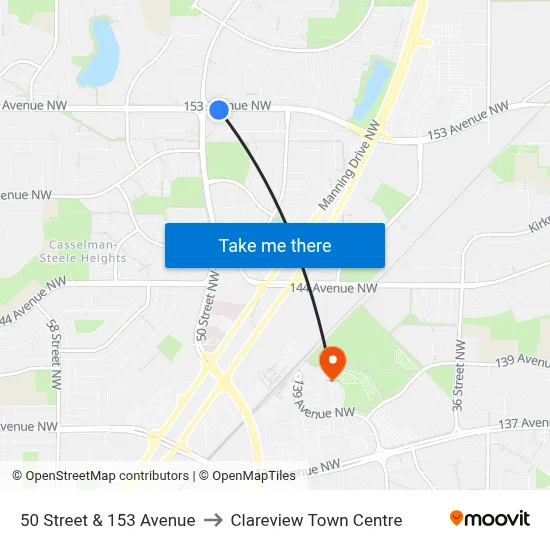 50 Street & 153 Avenue to Clareview Town Centre map
