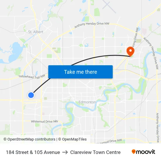 184 Street & 105 Avenue to Clareview Town Centre map