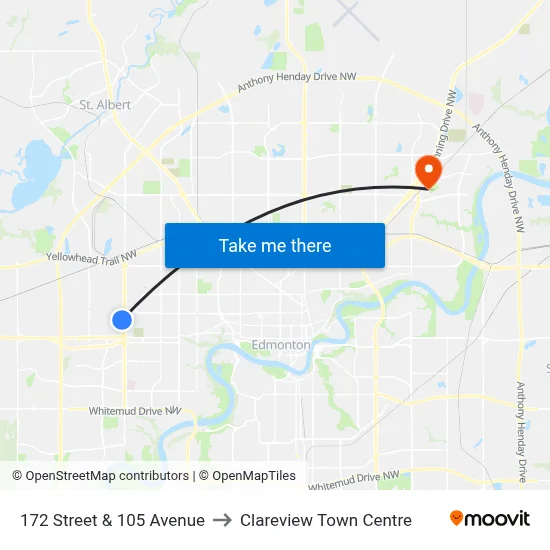172 Street & 105 Avenue to Clareview Town Centre map