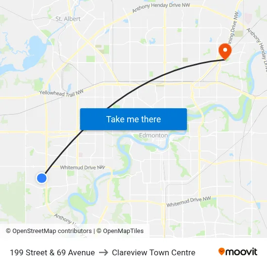 199 Street & 69 Avenue to Clareview Town Centre map