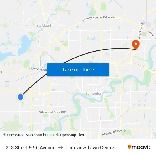 213 Street & 96 Avenue to Clareview Town Centre map