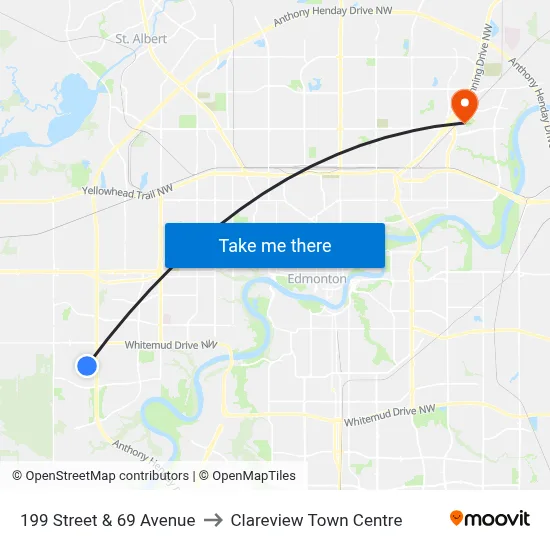 199 Street & 69 Avenue to Clareview Town Centre map