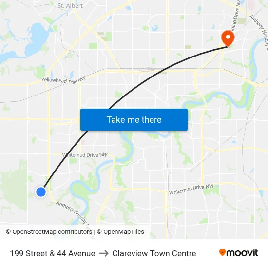 199 Street & 44 Avenue to Clareview Town Centre map