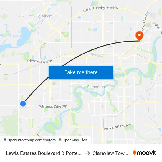 Lewis Estates Boulevard & Potter Greens Drive to Clareview Town Centre map