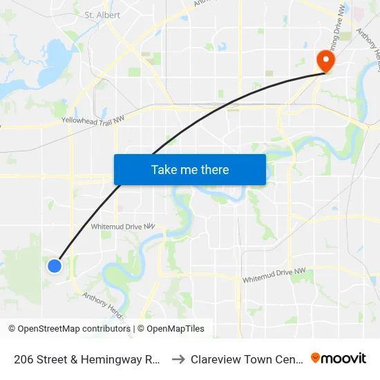 206 Street & Hemingway Road to Clareview Town Centre map