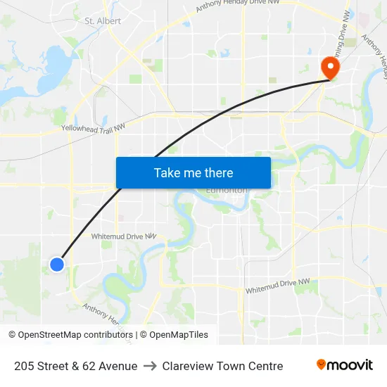 205 Street & 62 Avenue to Clareview Town Centre map