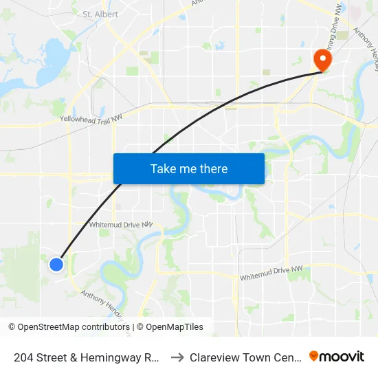 204 Street & Hemingway Road to Clareview Town Centre map