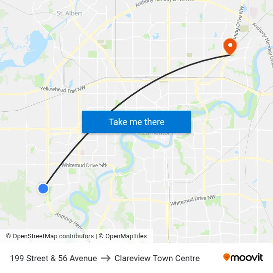 199 Street & 56 Avenue to Clareview Town Centre map