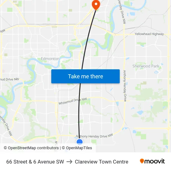 66 Street & 6 Avenue SW to Clareview Town Centre map