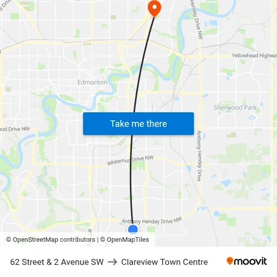 62 Street & 2 Avenue SW to Clareview Town Centre map
