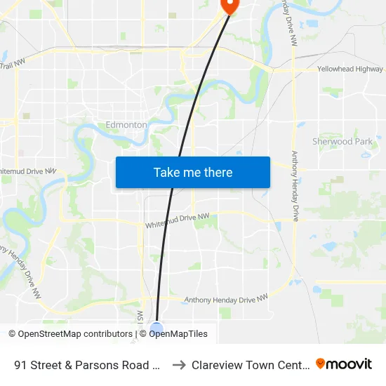 91 Street & Parsons Road SW to Clareview Town Centre map