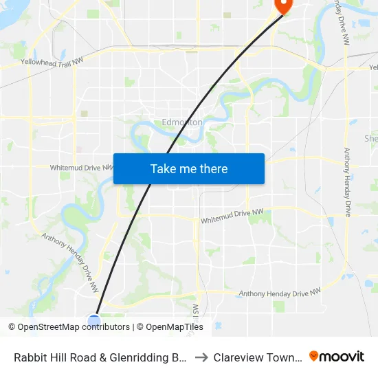 Rabbit Hill Road & Glenridding Boulevard SW to Clareview Town Centre map