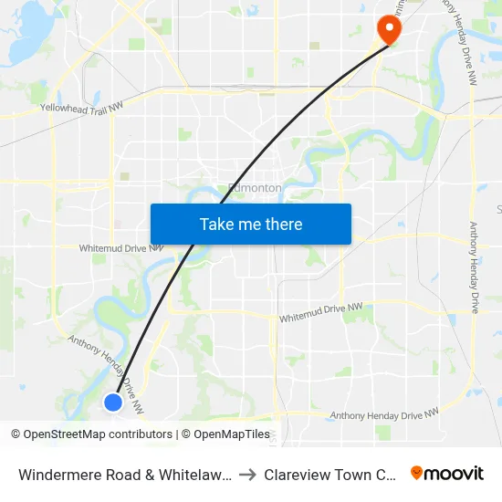 Windermere Road & Whitelaw Lane to Clareview Town Centre map