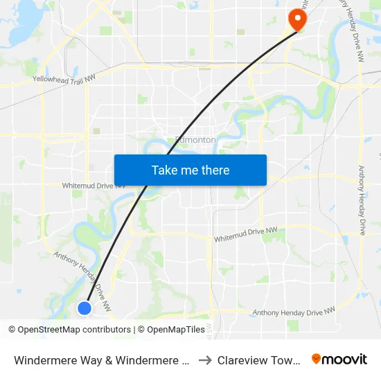Windermere Way & Windermere Boulevard SW to Clareview Town Centre map