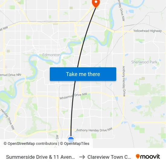 Summerside Drive & 11 Avenue SW to Clareview Town Centre map