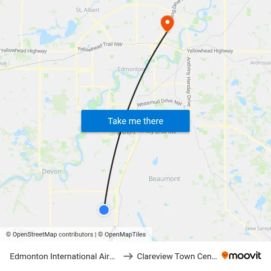 Edmonton International Airport to Clareview Town Centre map