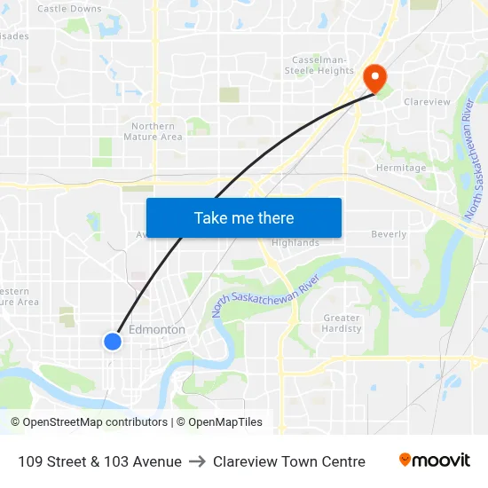 109 Street & 103 Avenue to Clareview Town Centre map