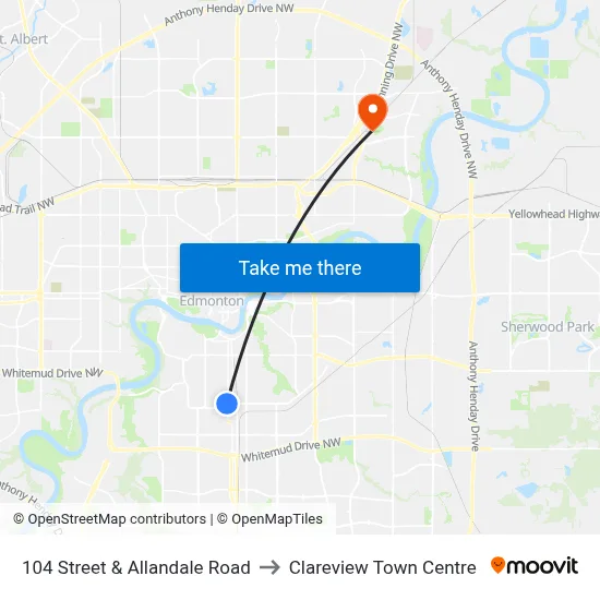 104 Street & Allandale Road to Clareview Town Centre map