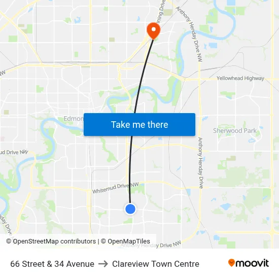 66 Street & 34 Avenue to Clareview Town Centre map
