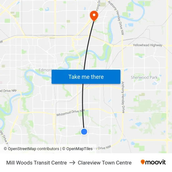 Mill Woods Transit Centre to Clareview Town Centre map