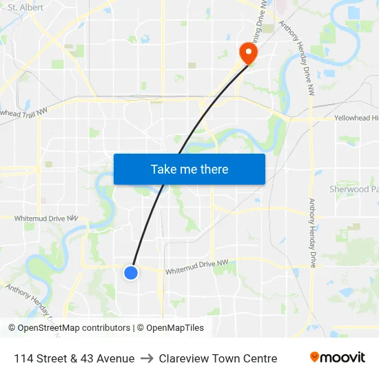 114 Street & 43 Avenue to Clareview Town Centre map