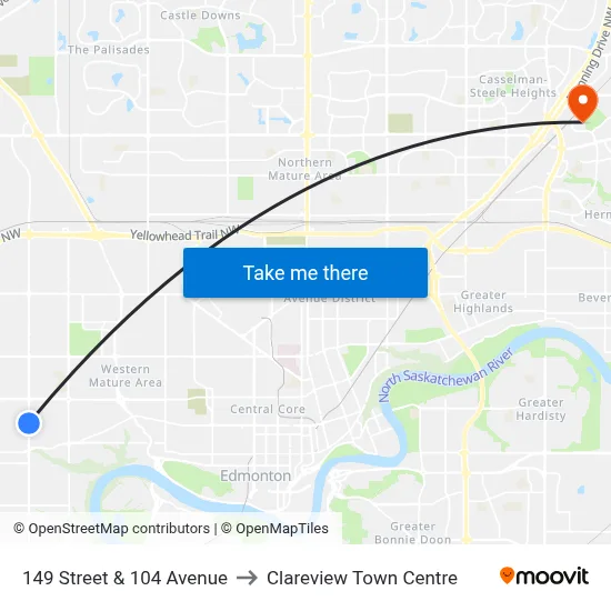 149 Street & 104 Avenue to Clareview Town Centre map