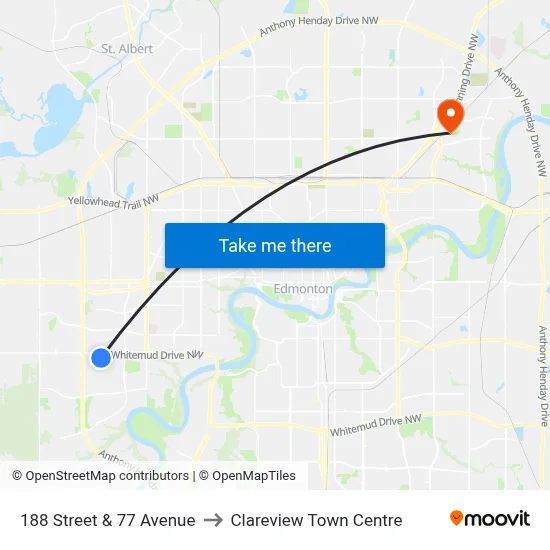 188 Street & 77 Avenue to Clareview Town Centre map