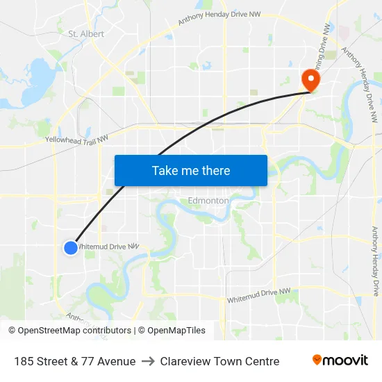 185 Street & 77 Avenue to Clareview Town Centre map
