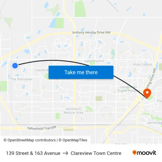 139 Street & 163 Avenue to Clareview Town Centre map