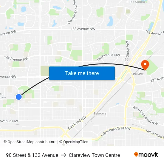 90 Street & 132 Avenue to Clareview Town Centre map
