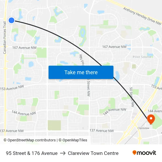 95 Street & 176 Avenue to Clareview Town Centre map