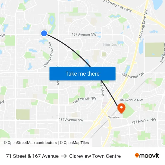 71 Street & 167 Avenue to Clareview Town Centre map