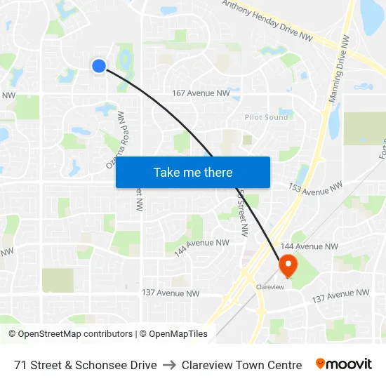 71 Street & Schonsee Drive to Clareview Town Centre map