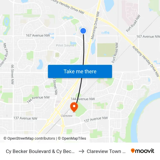 Cy Becker Boulevard & Cy Becker Drive to Clareview Town Centre map