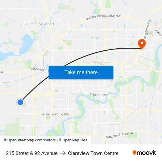 215 Street & 92 Avenue to Clareview Town Centre map