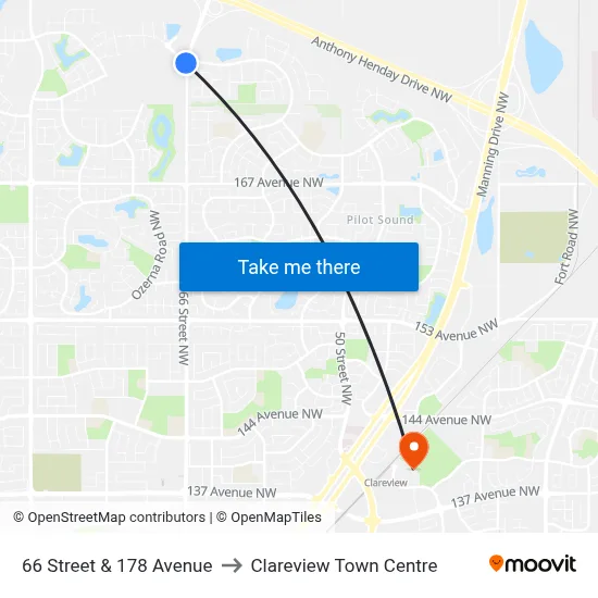 66 Street & 178 Avenue to Clareview Town Centre map