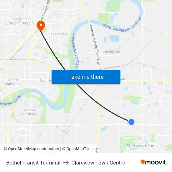 Bethel Transit Terminal to Clareview Town Centre map