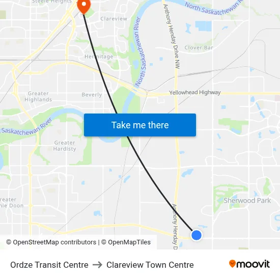 Ordze Transit Centre to Clareview Town Centre map