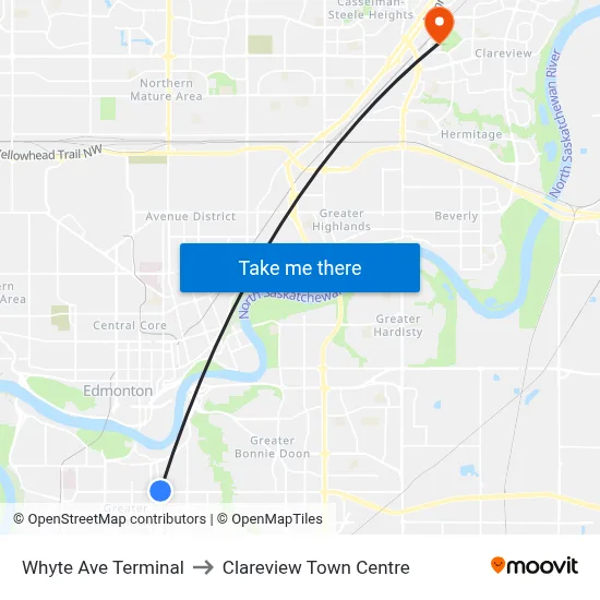 Whyte Ave Terminal to Clareview Town Centre map