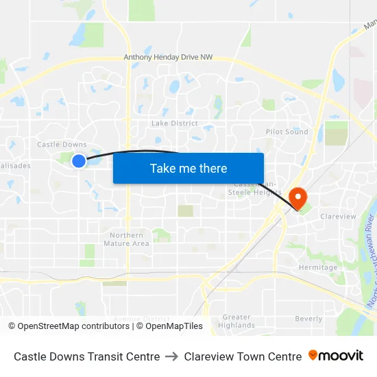 Castle Downs Transit Centre to Clareview Town Centre map