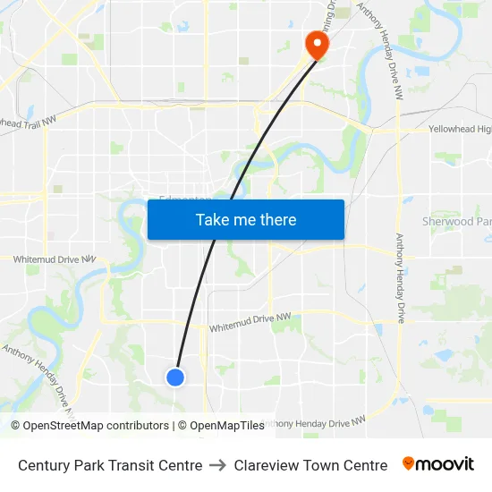 Century Park Transit Centre to Clareview Town Centre map