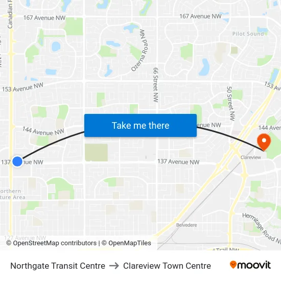 Northgate Transit Centre to Clareview Town Centre map