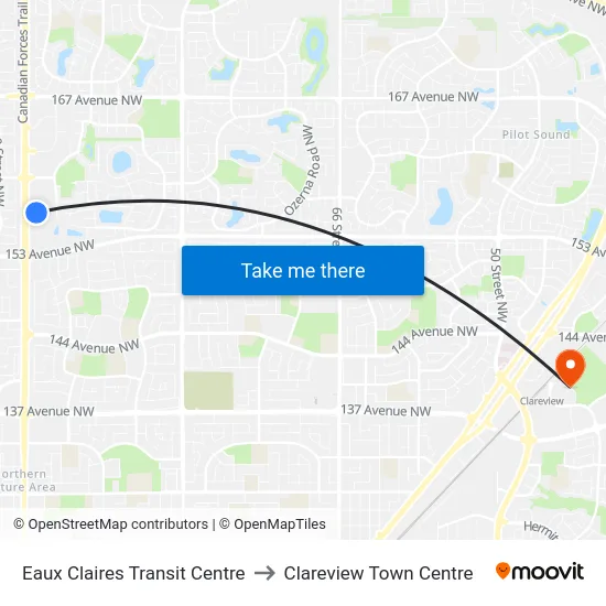Eaux Claires Transit Centre to Clareview Town Centre map